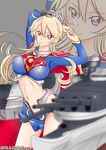  breasts cape cosplay dated dc_comics iowa_(kantai_collection) kantai_collection looking_at_viewer midriff mokerou navel skirt star star-shaped_pupils supergirl supergirl_(cosplay) symbol-shaped_pupils zoom_layer 