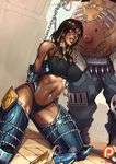  1girl arms_behind_back bared_teeth black_hair black_panties bound breasts caught chain cleavage collar dark_skin fat fat_man hair_tubes imminent_rape kachima large_breasts leash lipstick long_hair makeup navel out_of_frame overwatch panties patreon_logo pharah_(overwatch) roadhog_(overwatch) strapless sweat taut_clothes thighhighs thighs toned tubetop underwear watermark 
