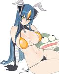  ban bare_shoulders bikini blue_hair breasts cleavage elbow_gloves gloves groin headgear highres large_breasts long_hair looking_at_viewer navel personification simple_background sitting solo swimsuit ultra_kaijuu_gijinka_keikaku ultra_series very_long_hair white_background yellow_eyes zetton zipper 