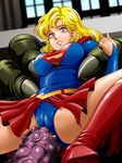  blonde_hair blue_eyes blush boots breasts cameltoe cape dc_comics hetero out_of_frame penis skin_tight skirt solo_focus supergirl sweat tamanegiinyo thighs torn_clothes 