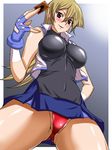  ass_visible_through_thighs bare_shoulders black_shirt blonde_hair blue_gloves blue_skirt blush breasts brown_eyes commentary_request covered_navel cowboy_shot fingerless_gloves from_below gloves hajime_shindo hand_on_hip impossible_clothes large_breasts long_hair looking_at_viewer miniskirt open_clothes open_vest panties parted_lips partially_visible_vulva red_panties shirt skirt sleeveless sleeveless_shirt sleeveless_turtleneck smile solo tenjouin_asuka turtleneck undershirt underwear vest white_vest yuu-gi-ou yuu-gi-ou_arc-v 