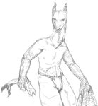  2017 anthro black_and_white clothed clothing dragon featureless_chest feral fish fishing_net horn loincloth long_neck lysargente male marine monochrome net scalie sketch solo topless 
