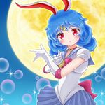  \m/ animal_ears bishoujo_senshi_sailor_moon blue_hair blue_sailor_collar blue_skirt blush bow bowtie brooch bunny_ears chestnut_mouth choker circlet cosplay crescent ear_clip elbow_gloves full_moon gloves highres jewelry looking_at_viewer mofu_mofu moon night open_mouth pink_bow pink_neckwear pleated_skirt pointing pose puffy_short_sleeves puffy_sleeves red_choker red_eyes red_neckwear sailor_collar sailor_moon sailor_moon_(cosplay) sailor_senshi_uniform seiran_(touhou) shirt short_hair short_sleeves skirt solo sparkle sweat touhou tsuki_ni_kawatte_oshioki_yo white_gloves white_shirt 