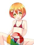  :&gt; atg_(wttoo0202) ball beachball bikini character_hair_ornament child flat_chest green_eyes hair_ornament hairclip highres hoshizora_rin koizumi_hanayo looking_at_viewer love_live! love_live!_school_idol_project navel open_mouth orange_hair red_bikini simple_background solo spread_legs swimsuit white_background wide_oval_eyes 