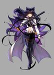  belt black_footwear black_hair black_legwear blake_belladonna boots bow breasts closed_mouth ein_lee expressionless grey_background hair_bow halter_top halterneck holding holding_sword holding_weapon long_coat long_hair medium_breasts midriff navel official_art roosterteeth rwby solo standing sword textless thigh_boots thighhighs weapon white_coat yellow_eyes 