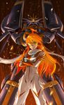  1girl ahoge android bodysuit buster_machine_7 crossed_arms glowing glowing_eyes glowing_hair gunbuster gunbuster_pose highres long_hair looking_at_viewer mecha morimoka nono_(top_wo_nerae_2!) orange_hair robot scarf science_fiction smile spikes spoilers super_robot top_wo_nerae! top_wo_nerae_2! white_bodysuit 