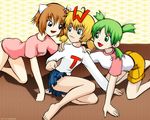  3girls 4chan bbmbbf blonde_hair brown_hair clothes green_eyes green_hair heart koiwai_yotsuba moot multiple_girls open_mouth quad_tails shirt t-shirt toes wt_snacks 