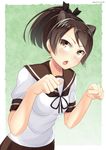 animal_ears bad_id bad_pixiv_id brown_eyes brown_hair cat_ears chestnut_mouth clenched_hand kankitsunabe_(citrus) kantai_collection leaning_forward open_mouth paw_pose ponytail school_uniform serafuku shikinami_(kantai_collection) short_hair solo standing 