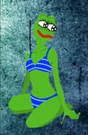 4_fingers amphibian anthro black_eyes bra clothed clothing female frog green_skin invalid_tag lips low_res meme navel panties pepe_the_frog sitting solo underwear unknown_artist what 