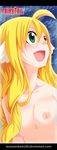  absurdres bad_id bad_pixiv_id blonde_hair breasts fairy_tail fairy_tail_zero green_eyes highres kozureokami20 long_hair mavis_vermilion nipples nude open_mouth self_upload small_breasts smile solo upper_body 