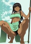 anklet ass bare_shoulders barefoot black_hair breasts dark_skin earrings feet holding holding_weapon hyouju_issei jewelry large_breasts long_hair looking_at_viewer midriff navel necklace original polearm smile solo squatting tribal underboob weapon yellow_eyes 