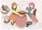  5girls bangs barefoot black_legwear blue_hair brown_eyes brown_hair closed_mouth controller cut-in eyebrows_visible_through_hair feet food fruit grey_hair hair_bun handheld_game_console holding holding_food kasa_list knitting_needle kotatsu kunikida_hanamaru kurosawa_ruby long_hair looking_away love_live! love_live!_sunshine!! lying multiple_girls needle on_stomach orange orange_hair outstretched_arm pantyhose partially_colored red_hair remote_control school_uniform senbei serafuku short_hair sitting skirt smile swept_bangs table takami_chika tsushima_yoshiko twintails uranohoshi_school_uniform very_long_hair watanabe_you yarn yarn_ball |_| 