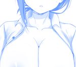  areolae blue breasts chiyo_goya cleavage getsuyoubi_no_tawawa head_out_of_frame himura_kiseki_(style) huge_breasts kouhai-chan_(tawawa) monochrome nipples no_bra official_style open_clothes open_shirt shirt solo 