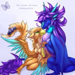  3_toes anthro avian beak breasts claws dragon duo english_text eyelashes eyes_closed feathered_wings feathers featureless_breasts female fur grade green_eyes gryphon hair nude oksara purple_hair simple_background smile tan_fur text toes white_background wings yellow_beak 
