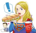  1boy 1girl blonde_hair blue_eyes bodysuit brown_hair cape computer crumbs cup dc_comics disposable_cup drink drinking_straw eating food food_on_face heart holding holding_cup holding_food laptop looking_at_viewer open_mouth pinky_out sandwich solo_focus spoken_exclamation_mark submarine_sandwich supergirl upper_body white_background winn_schott yafu_(yahuxx28) 