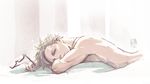  bed bed_sheet blonde_hair bloom blue_eyes closed_mouth eyewear_removed glasses holding holding_eyewear jewelry lying male_focus naked_sheet necklace on_bed on_stomach pillow pokemon pokemon_go shirtless solo spark_(pokemon) upper_body yoshimi 