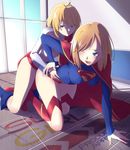  2girls absurdres ahoge all_fours blonde_hair blue_eyes boots cape character_name chibiibiru dated dc_comics highres indoors knee_boots leotard multiple_girls one_eye_closed open_mouth power_girl short_hair smile supergirl tickling 