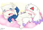  blue_eyes blush bottomless calumon clitoris clothed clothing clyndemoon digimon eyes_closed female female/female fur huff markings open_mouth orgasm pussy sex spread_legs spreading tongue tribadism white_fur 