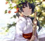  autumn_leaves black_hair blurry blush bokeh broom brown_eyes commentary day depth_of_field hair_ribbon hakama holding japanese_clothes leaf light_smile long_hair long_sleeves looking_at_viewer maple_leaf miko original outdoors ponytail red_hakama red_ribbon ribbon solo tan_(tangent) upper_body wide_sleeves 