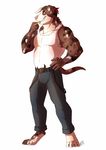  2016 4_toes 5_fingers barefoot brown_eyes canine clothed clothing digitigrade dog hornedfreak mail male mammal pink_nose simple_background solo standing teeth toes white_background 