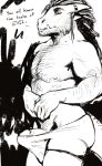  anthro beard body_hair bulge chest_hair clothed clothing english_text erection facial_hair greyscale horn humanoid_penis male monochrome muscular muscular_male nipples penis rowf scalie solo standing text topless 
