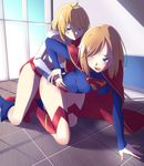  absurdres ahoge all_fours blonde_hair blue_eyes boots cape chibiibiru dc_comics highres indoors knee_boots leotard multiple_girls one_eye_closed open_mouth power_girl short_hair smile supergirl tickling 
