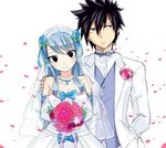  1girl black_eyes black_hair blue_hair bouquet breasts bridal_veil cleavage dress fairy_tail flower gray_fullbuster hand_on_another's_shoulder jewelry ji_yue juvia_lockser large_breasts long_hair necklace petals rose_petals smile strapless strapless_dress tuxedo veil wedding_dress white_dress 