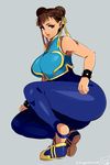  alternate_costume bad_anatomy breasts brown_eyes brown_hair china_dress chinese_clothes chun-li d-ryuu double_bun dress large_breasts lips solo spandex squatting street_fighter tight 
