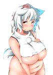  animal_ears blush bottomless breasts eyebrows fang fang_out fat frown groin hat highres inubashiri_momiji large_breasts looking_at_viewer navel nipple_slip nipples pom_pom_(clothes) shishi_juuroku short_hair shy solo tail thick_eyebrows tokin_hat touhou underboob undersized_clothes white_background white_hair wolf_ears wolf_tail 