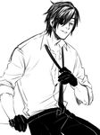  1boy black_gloves black_hair candytang442494812 collarbone collared_shirt eyepatch gloves half-closed_eyes half_gloves male_focus muscle necktie personification shokudaikiri_mitsutada simple_background smile solo touken_ranbu unbuttoned undressing white_background 