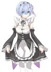  apron black_bow black_neckwear black_ribbon blue_eyes blue_hair blush bow breasts cleavage closed_mouth commentary_request detached_sleeves dress eyebrows eyebrows_visible_through_hair eyes_visible_through_hair frilled_dress frilled_sleeves frills hair_between_eyes hair_ornament hair_ribbon looking_at_viewer maid maid_headdress medium_breasts neck_ribbon pantyhose purple_ribbon re:zero_kara_hajimeru_isekai_seikatsu rem_(re:zero) ribbon short_hair simple_background skirt_hold smile solo standing waist_apron wasei white_background white_bow white_legwear wide_sleeves x_hair_ornament 