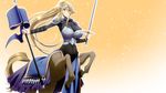  1girl armor blonde_hair blue_eyes border breasts centaur centorea_shianus huge_breasts long_hair monster_girl monster_musume_no_iru_nichijou simple_background solo standing sword tiara weapon 