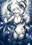  angel_wings arm_behind_back arms_up bikini blue_eyes breasts cleavage copyright_request demon_horns feathered_wings hair_between_eyes highres horns large_breasts mamuru navel open_mouth solo swimsuit tattoo thighhighs white_bikini white_hair white_skin wings wrist_cuffs 