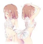  arched_back arm_up ass back bare_arms bare_shoulders blush bow breasts brown_hair closed_eyes collarbone cowboy_shot eyebrows eyebrows_visible_through_hair eyelashes frisk_(undertale) garter_straps hand_on_own_head multiple_views panties ribs shiny shiny_hair short_hair simple_background skeleton_costume small_breasts spine undertale underwear underwear_only white_background white_bow white_panties yugaiga 