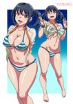  arms_behind_back barefoot bikini black_hair breasts cleavage covered_nipples kuruma_hajime long_hair looking_at_viewer medium_breasts navel original red_eyes see-through simple_background solo striped striped_bikini swimsuit thighs twintails white_background wide_hips 