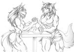  anthro arm_wrestling autumm_airwave canine clothed clothing duo fangs female mammal monochrome muscular smile teeth 