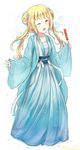 :d absurdres bangs beifeng_han blonde_hair blunt_bangs chinese_clothes cyou_shigen flower food hair_flower hair_ornament hanfu highres long_hair one_eye_closed open_mouth original sash smile solo tanghulu yellow_eyes 