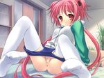  1girl anus buruma buruma_pull closed_mouth decensored game_cg gym_uniform jacket long_hair long_twintails looking_at_viewer momose_hikaru panties panty_pull peace@pieces photoshop pink_hair plant pussy red_eyes red_hair smile socks solo spread_legs thighhighs twintails underwear very_long_hair white_legwear 
