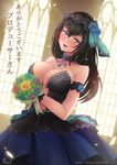  bare_shoulders black_dress black_hair blue_eyes blush bouquet breasts cleavage dress flower fumika_bug gloves hair_flower hair_ornament idolmaster idolmaster_cinderella_girls idolmaster_cinderella_girls_starlight_stage jewelry large_breasts long_hair looking_at_viewer necklace rebe11 sagisawa_fumika smile solo tiara translated twitter_username window 