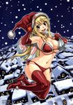  absurdres armpits bikini blonde_hair blush boots breasts brown_eyes carrying_over_shoulder christmas cleavage elbow_gloves fairy_tail full_body fur-trimmed_bikini fur_trim gloves hat high_heel_boots high_heels highres large_breasts long_hair looking_at_viewer lucy_heartfilia mashima_hiro navel night non-web_source not_for_sale official_art open_mouth outline red_bikini red_footwear red_gloves red_legwear santa_costume santa_hat side-tie_bikini smile snowing solo swimsuit thigh_boots thighhighs twintails 