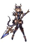  armor armored_boots blonde_hair boots brown_eyes djeeta_(granblue_fantasy) dragoon_(granblue_fantasy) full_body gauntlets granblue_fantasy helmet holding holding_weapon looking_at_viewer minaba_hideo official_art pauldrons polearm short_hair skirt smile solo spear thighhighs transparent_background weapon zettai_ryouiki 