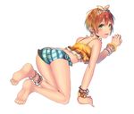  1girl all_fours anklet ass bare_shoulders barefoot blush bracelets breasts butt_crack earrings from_behind green_eyes hair_ribbon heart_earrings hoshizora_rin looking_at_viewer love_live! love_live!_school_idol_project open_mouth orange_hair panties paw_pose plaid_panties short_hair short_shorts shorts sideboob smile solo ugumi 