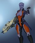  alien anthro asari autumm_airwave breasts clothed clothing female gun humanoid looking_at_viewer mass_effect not_furry ranged_weapon rifle solo standing video_games weapon wide_hips 