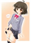  1boy akizuki_ryou androgynous blush brown_hair crossdressing decensored erection idolmaster katsuragi_niya looking_at_viewer mouth_hold panties panty_pull penis pocky skirt skirt_lift stockings tagme testicles thighhighs trap uncensored underwear yellow_eyes 