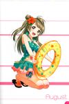  absurdres artist_request august bare_shoulders blush brown_eyes brown_hair flower hair_bun hair_flower hair_ornament highres holding innertube kneeling long_hair looking_at_viewer love_live! love_live!_school_idol_festival love_live!_school_idol_project minami_kotori non-web_source official_art open_mouth sandals scan simple_background smile solo swimsuit 