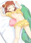  1girl bandai_namco double_bun dune_(artist) eyes_closed flat_chest idolmaster idolmaster_cinderella_girls lying midriff munakata_atsumi navel on_back pants pillow red_hair saliva shirt shirt_lift short_sleeves sleeping solo yellow_pants yellow_shirt 