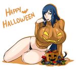  arm_support black_panties blue_hair breasts candy devil-v green_eyes gundam gundam_build_fighters halloween huge_breasts iori_rinko legs long_hair lowleg lowleg_panties lying naughty_face open_mouth panties ponytail ribbed_sweater shiny shiny_clothes shiny_hair simple_background sweater thigh_gap thighs tongue_out white_background 