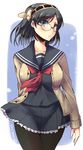  alternate_costume black_hair black_legwear black_serafuku cardigan glasses hairband headgear kantai_collection kirishima_(kantai_collection) long_sleeves neckerchief pantyhose pleated_skirt sailor_collar school_uniform serafuku shinshin short_hair skirt solo twitter_username 