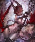  1girl armor bare_shoulders bird bodysuit boots breasts cygames dragon_wings gauntlets greaves hips holding imp_lancer_(shadowverse) lance large_breasts looking_at_viewer n.a. official_art pink_hair pointy_ears polearm red_eyes shadowverse short_hair sky solo spikes spine standing tail thighs weapon white_bodysuit wings 