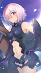  1girl armored_leotard black_gloves black_leotard breasts breasts_apart cowboy_shot elbow_gloves eyebrows_visible_through_hair fate/grand_order fate_(series) feng_mouren gloves hair_over_one_eye hand_on_hilt highres lens_flare leotard looking_at_viewer mash_kyrielight medium_breasts midriff navel outdoors pink_hair purple_eyes shield short_hair solo standing stomach 
